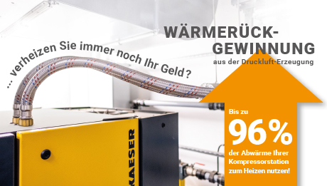 Jetzt Wärmerückgewinnung installieren und Geld sparen. Gelber Kompressor, Leitungen für Wärmerückgewinnung, oranger Pfeil nach oben, Text zu Wärmerückgewinnung