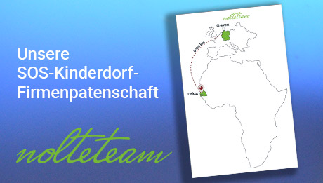 Wir freuen uns über unser neues SOS-Patenkind. Blauer Verlauf im Hintergrund, Karte von Afrika und Europa, Text zu SOS-Kinderdorf-Patenschaft