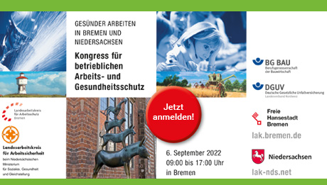 Jetzt anmelden für den Kongress am 6.9.2022 in Bremen Text mit Einladung zu einem Sicherheitskongress in Bremen mit illustrierenden Bildern aus der Arbeitswelt und den Bremer Stadtmusikanten
