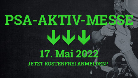 Grüner Text über Motiv Mann in Absturzsicherungsequipment
